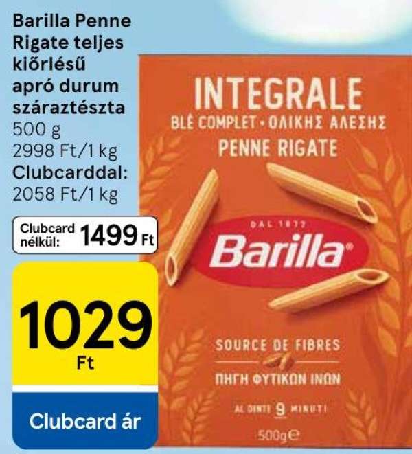 Barilla Penne Rigate teljes kiőrlésű apró durum száraztészta