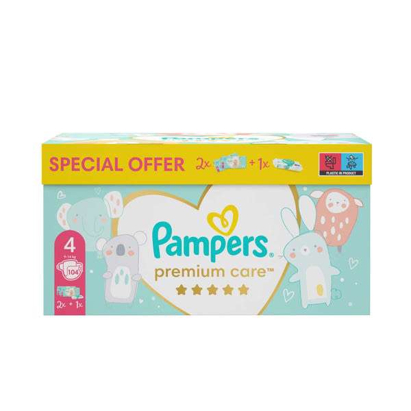 Pampers Premium Care Nappy pelenka 4-es méret 2x52 db, 9kg-14kg + törlőkendővel - 1 db