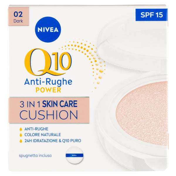 Nivea Q10 Anti-Rughe Power Cushion 3 az 1-ben színezett bőrápoló sötét bőrre - 15 g