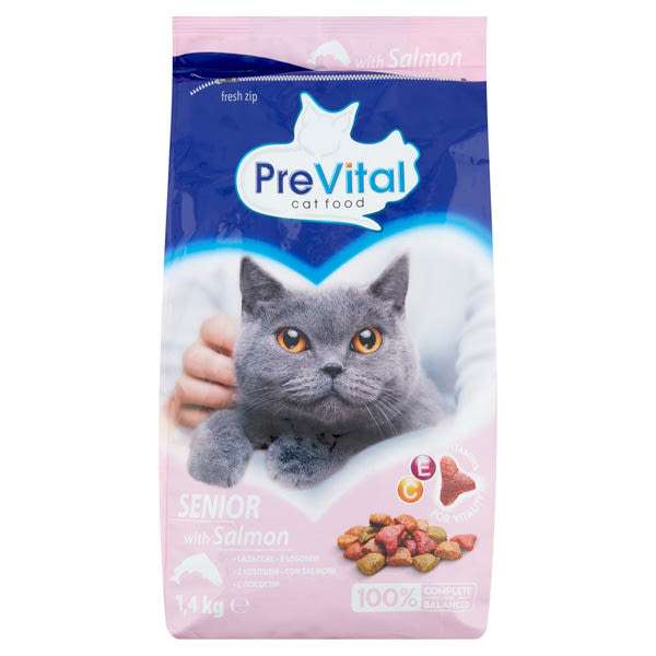 PreVital száraz macskaeledel, macskatáp idős macskáknak lazaccal - 1,4 kg
