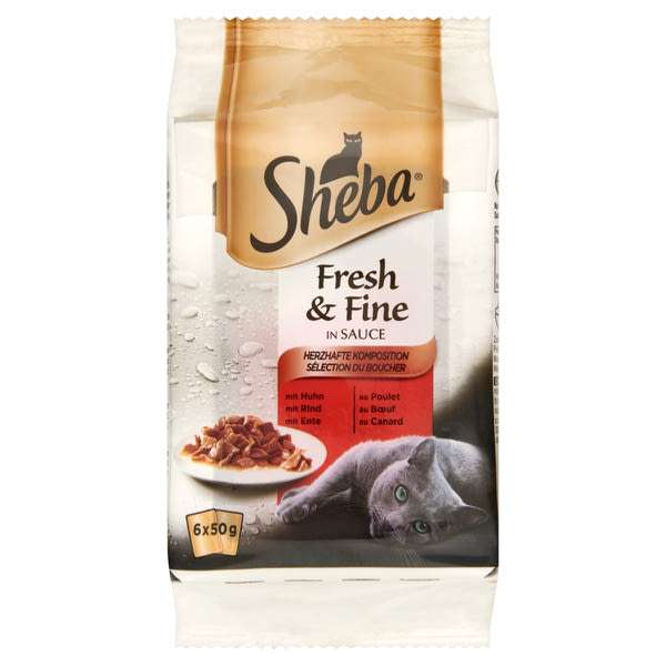 Sheba Fresh & Fine Excluzív felnőtt teljes értékű alutasak macskáknak, húsos válogatás (6x50 g) - 300 g