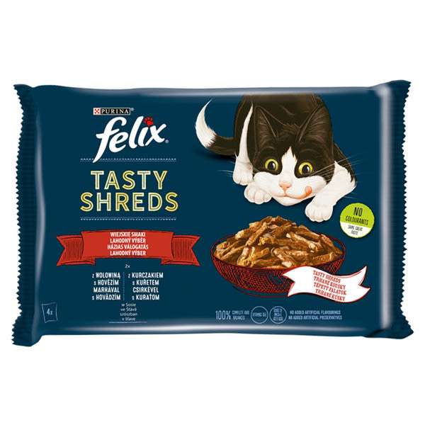 Felix Tasty Shreds állateledel macskáknak marhával és csirkével 4x80 g - 320 g