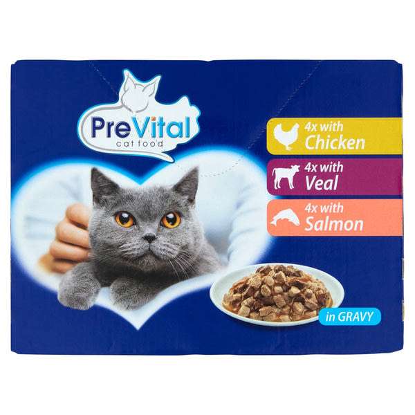 PreVital nedves macskaeledel felnőtt macskáknak szószban csirkével, borjúval és lazaccal alutasakos macskatáp (12x100g) - 1200 g