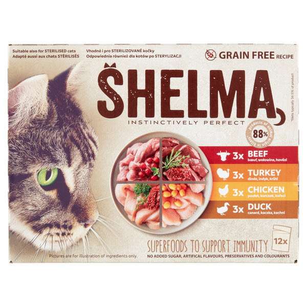 Shelma nedves macskaeledel felnőtt macskának gabonamentes párolt filé alutasakos macskatáp 12 x 85 g - 1020 g