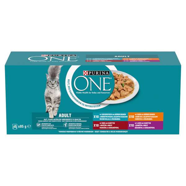 Purina One Adult nedves macskaeledel szószban csirkével/marhával/báránnyal/tengeri hallal 40 x 85 g - 3400 g