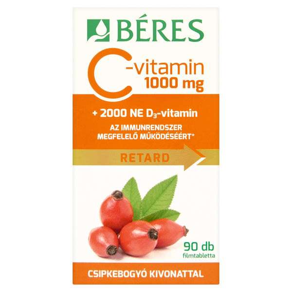 Béres C-vitamin 1000 mg Retard csipkebogyó kivonattal + 2000 NE D₃-vitamin filmatabletta - 90 db