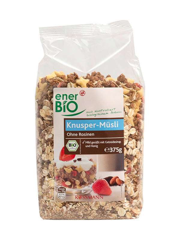 Bio müzli ropogós kakaós darabkákkal, ropogós darabkákkal és eperdarabkákkal - 375 g