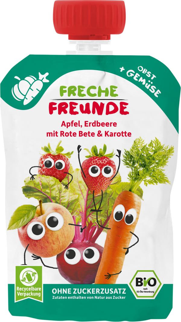 Freche Freunde bio gyümölcs-zöldség püré almával, eperrel, céklával és sárgarépával - 100 g
