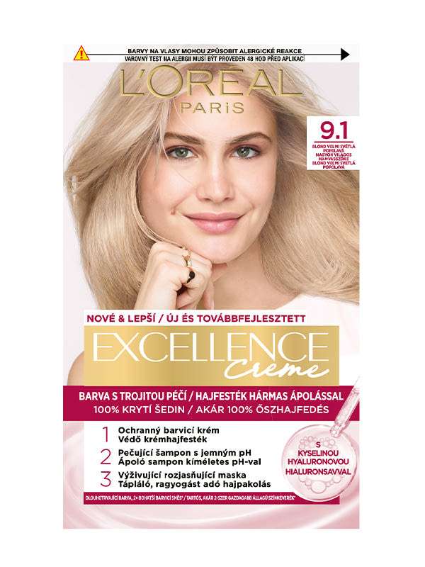 L'Oréal Paris Excellence krémes, tartós hajfesték 9.1 nagyon világos hamvaszszőke - 1 db