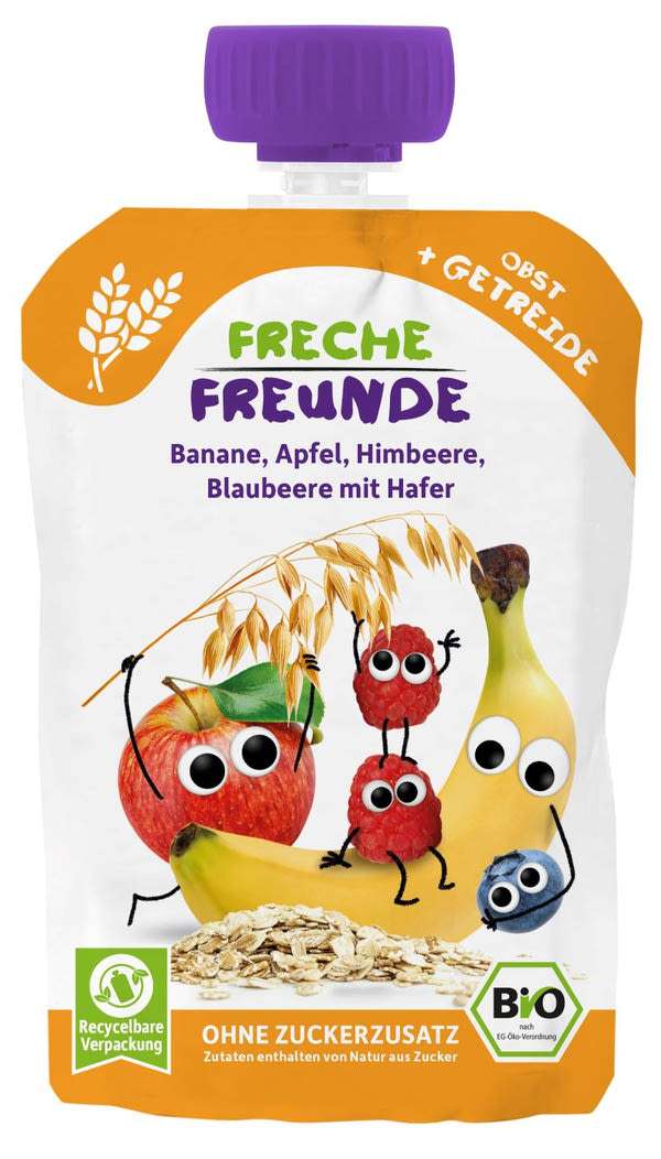 Freche Freunde bio gyümölcskása banán, alma, málna, áfonya, zab 6 hónapos kortól - 100 g
