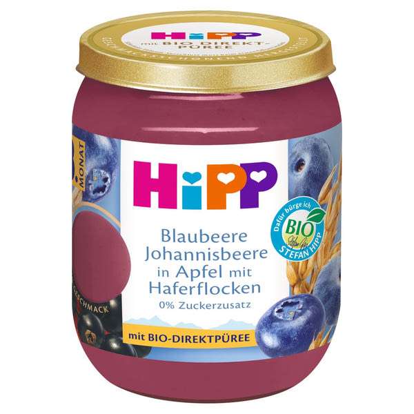 HiPP bio gyümölcskészítmény bébidesszert gabonával alma - áfonya - feketeribizli 8 hónapos kortól - 160 g