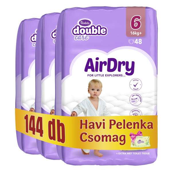 Violeta Double Care Air Dry nadrágpelenka nedves törlőkendővel 6-os méret 16+ kg - 144 db