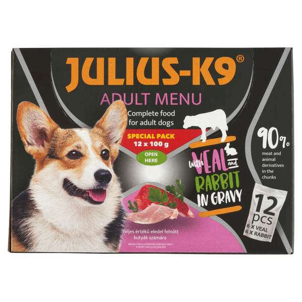 Julius-K9 állateledel kutyáknak borjúval, nyúllal 12x100 g - 1200 g