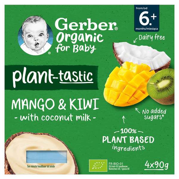 Gerber Organic kókusztej alapú mangó-kiwi ízű bio babadesszert 6 hónapos kortól 4 x 90 g - 360 g