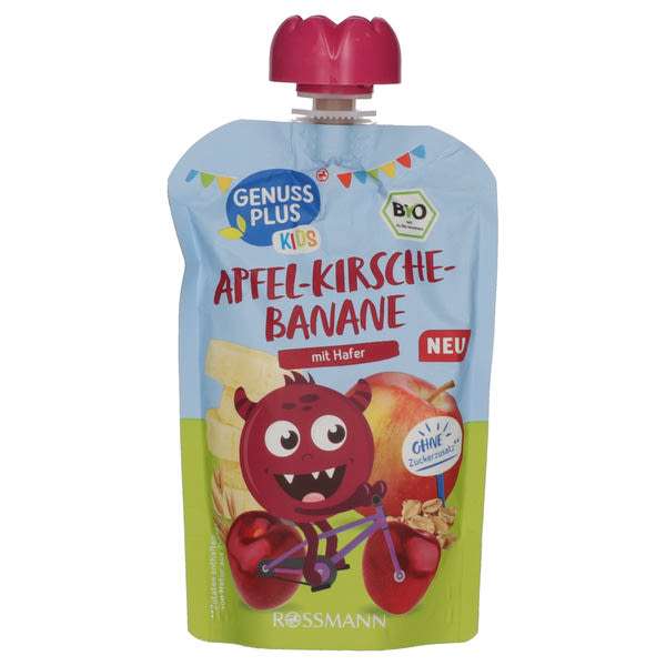 Genuss Plus Kids gyümölcspüré meggyel, banánnal és zabbal 1 éves kortól - 100 g