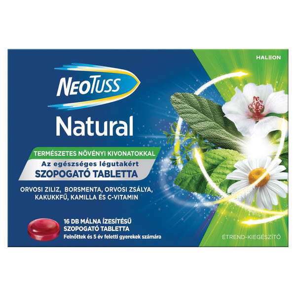NeoTuss Natural málna ízesítésű szopogató tabletta felnőttek és 5 év feletti gyerekek számára - 16 db