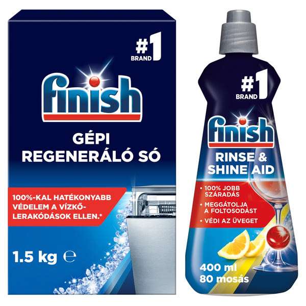 Finish gépi regeneráló só 1,5 kg + Finish Shine and Protect gépi öblítőszer 400 ml - 1 db