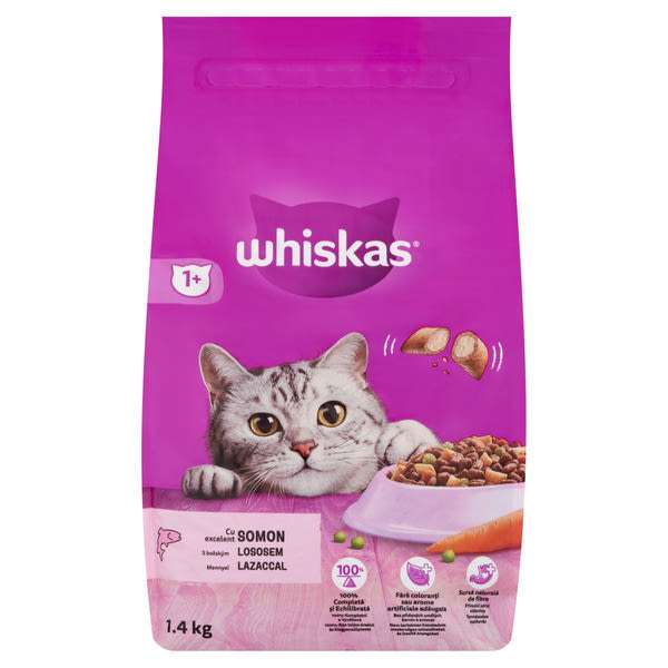 Whiskas 1+ teljes értékű szárazeledel felnőtt macskák számára lazacca l- 1,4 kg
