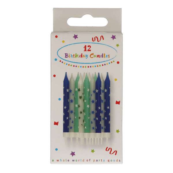 Szülinapi gyertya csillag mintás kék, tartóval - 12 db