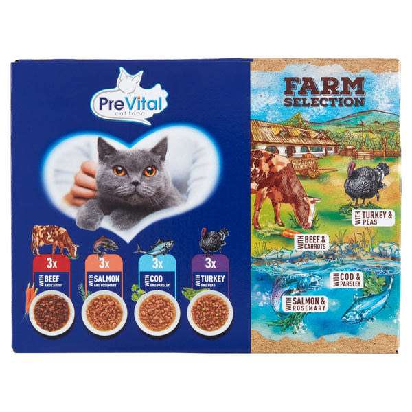 PreVital Farm Selection nedves macskaeledel felnőtt macskának alutasakos macskatáp 12x85g - 1020 g