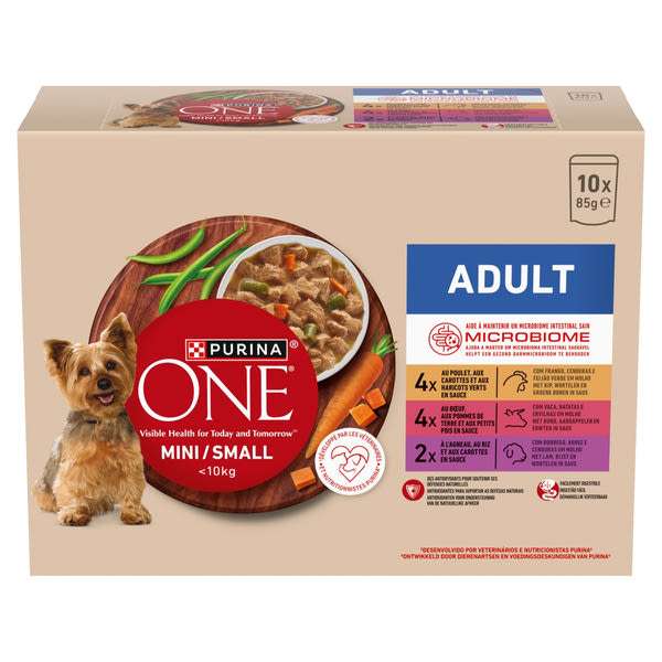 Purina One Mini Adult csirkével/marhával/báránnyal szószban nedves kutyaeledel 10 x 85 g (850 g)