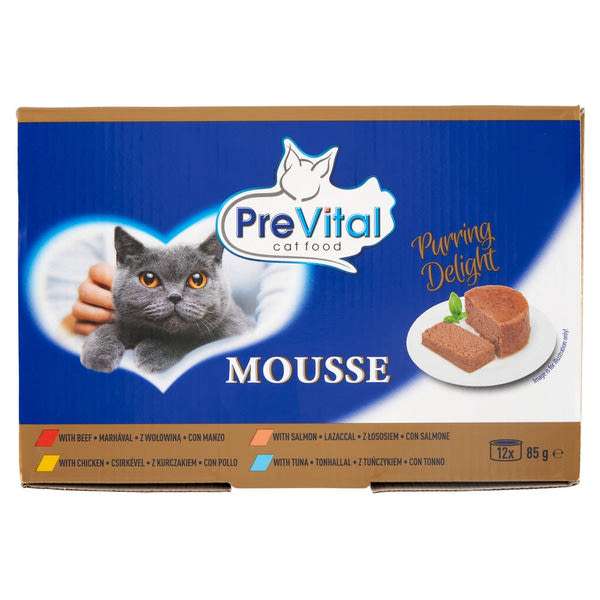 PreVital Mousse nedves macskaeledel, macskatáp felnőtt macskáknak pástétom konzerv (12 x 85 g) - 1020 g