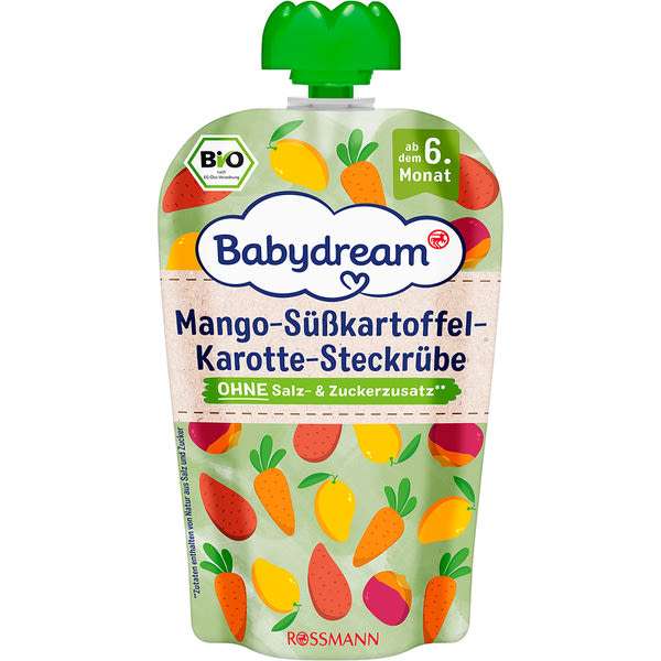 Babydream bio püré mangóval, édesburgonyával, sárgarépával és karalábéval, 6 hónapos kortól - 100 g