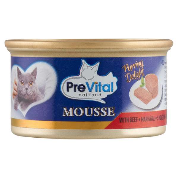 PreVital Mousse nedves macskaeledel, macskatáp felnőtt macskáknak marhával pástétom konzerv - 85 g