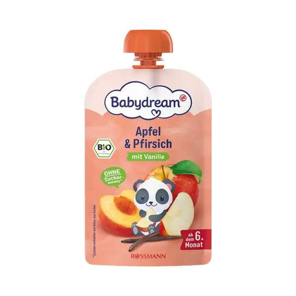 Babydream Bio gyümölcspüré almával, őszibarackkal és vaníliával 6 hónapos kortól - 100 g