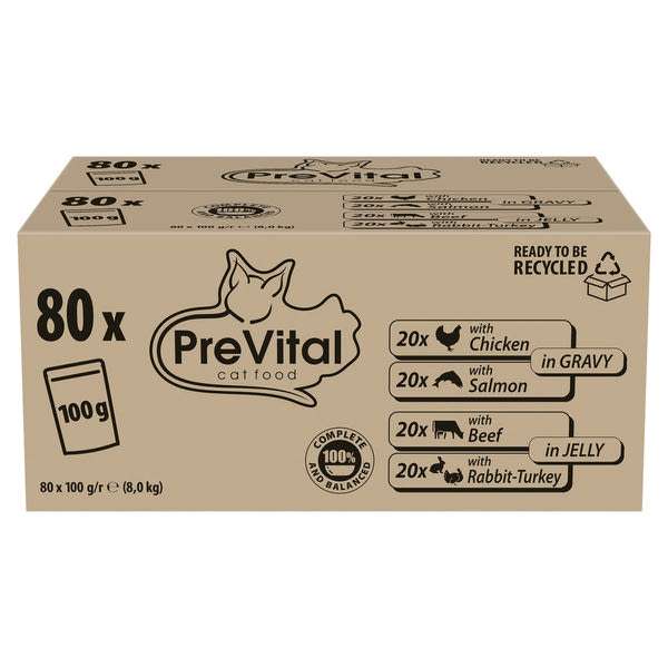 PreVital nedves macskaeledel válogatás felnőtt macskának alutasakos macskatáp szószban, aszpikban 80x100g - 8000 g
