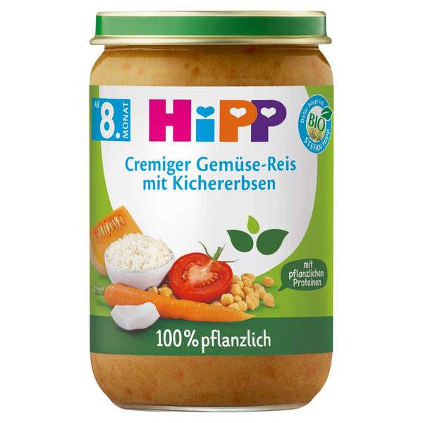 HiPP Bio zöldségek rizzsel, csicseriborsóval és borsófehérjével 8 hónapos kortól - 220 g