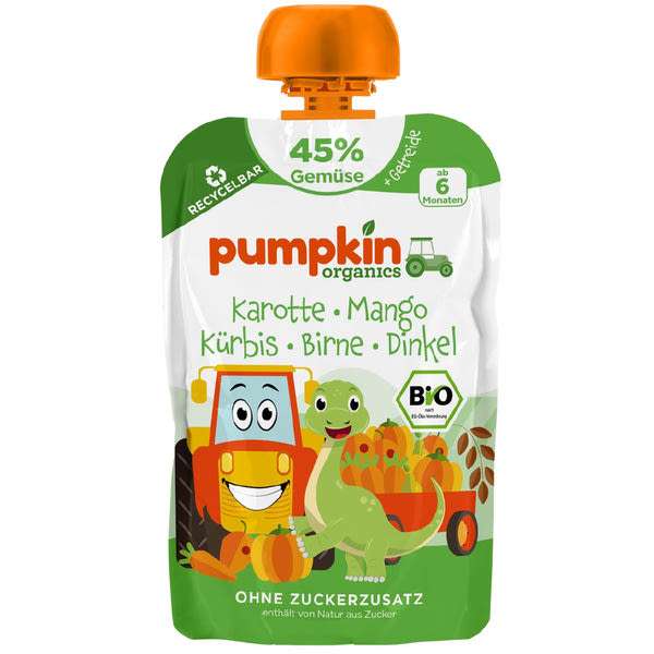 Pumpkin Organics Bio zöldség- és gyümölcspüré sárgarépával, mangóval, sütőtökkel, körtével és tönköllyel 6 hónapos kortól - 100 g