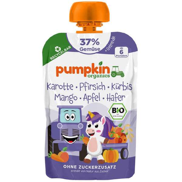 Pumpkin Organics Bio zöldség- és gyümölcspüré sárgarépával, őszibarackkal, sütőtökkel, mangóval, almával és zabbal 6 hónapos kortól - 100 g