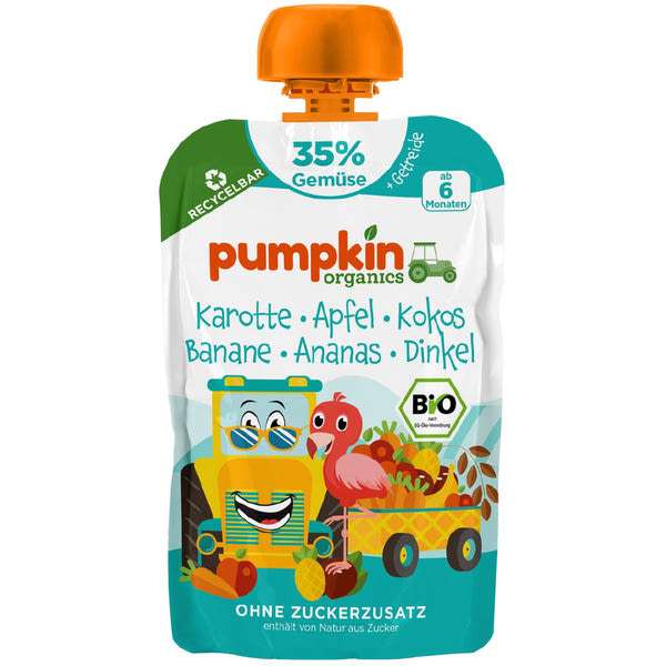 Pumpkin Organics Bio zöldség- és gyümölcspüré sárgarépával, almával, banánnal, ananásszal, kókusszal és tönköllyel 6 hónapos kortól - 100 g