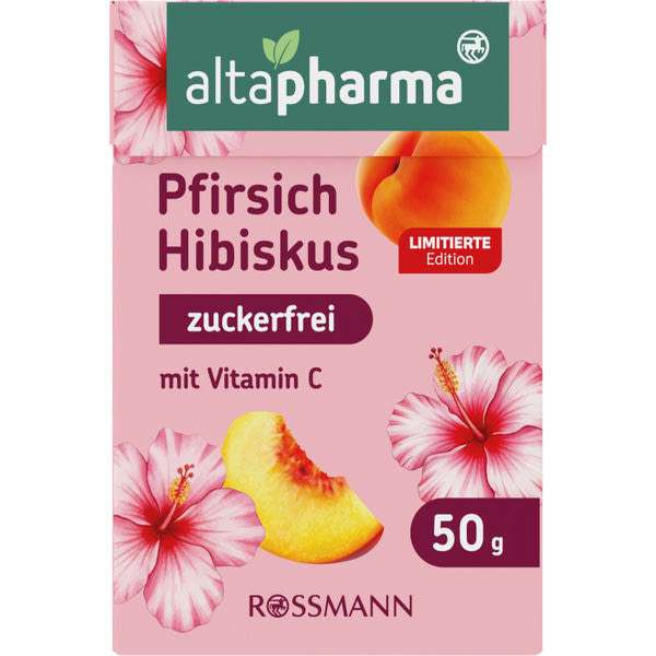 Altapharma cukormentes őszibarack–hibiszkusz ízű cukorka - 50 g