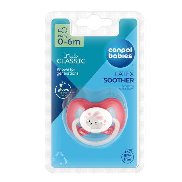 Canpol babies Bunny&Company világító kaucsuk cseresznye alakú cumi 0-6 hónapos korig /rózsaszín -1 db