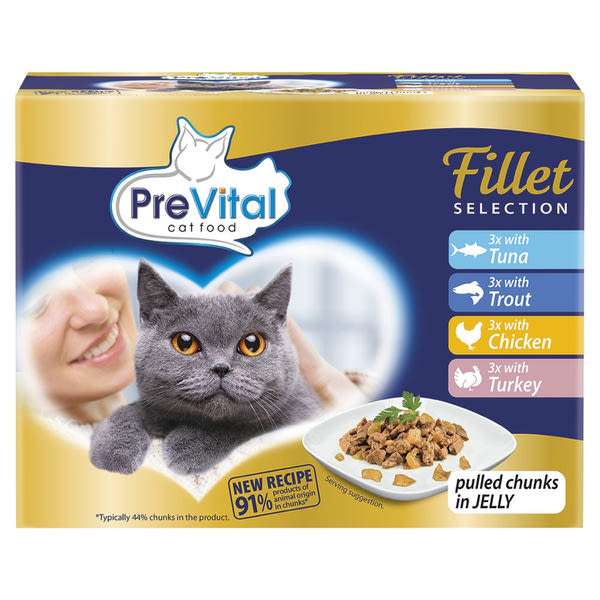 PreVital Fillet Selection alutasakos macskaeledel tonhallal/pisztránggal/csirkével/pulykával, nedves macskatáp felnőtt macskáknak 12x85g - 1020 g