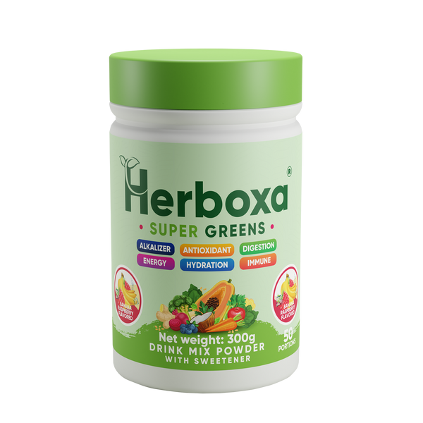 Herboxa Super Greens étrend-kiegészítő por banán és mála ízesítéssel - 300 g