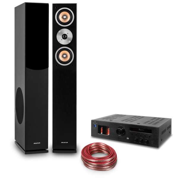 Auna „Music Glow“, HiFi összeállítás, 2 oszlop hangfal + csöves HiFi erősítő + kábel