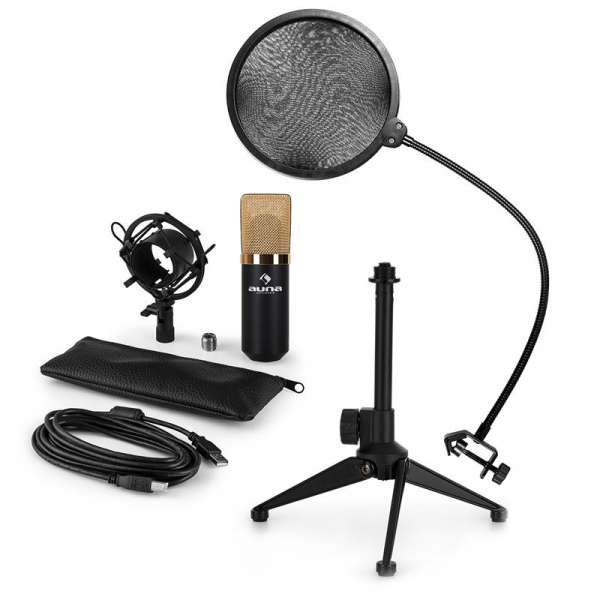 Auna auna MIC-900BG-LED V2, háromrészes USB mikrofon készlet, kondenzátoros mikrofon + pop szűrő + asztali állvány