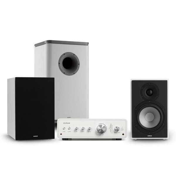 Numan Drive 802, sztereo készlet, erősítő, hangfal, subwoofer, burkolat, fehér/szürke