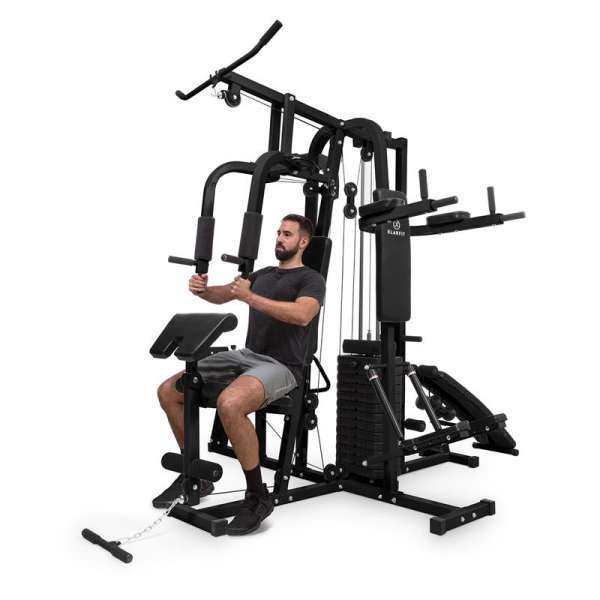 KLARFIT Ultimate Gym 9000, multifunkcionális fitnesz állomás, 7 állomás, 120 kg-ig, QR acél, fekete