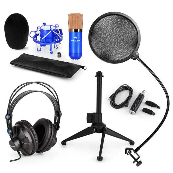 Auna auna CM001BG V2 mikrofon szett, fejhallgató, kondenzátor mikrofon, USB adapter, állvány, pop filter, kék