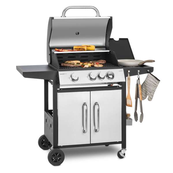 Klarstein Tomahawk 3.1 S, gázgrill, 3x3,6 kW-os égő + 2,7 kW-os oldalsó égő, 60x45cm, grill, rozsdamentes acélból készült