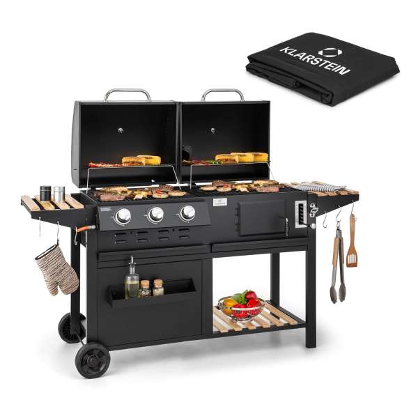 Klarstein Aberdeen Combi Grill Gáz szén füstölő Hőmérő 2 oldalsó asztal Mobil