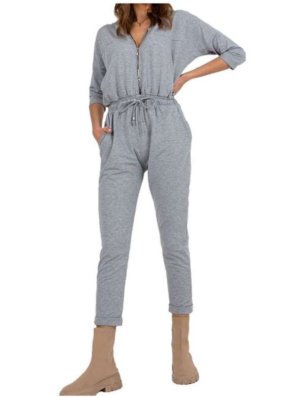 szürke jumpsuit cipzárral, kapucnival és