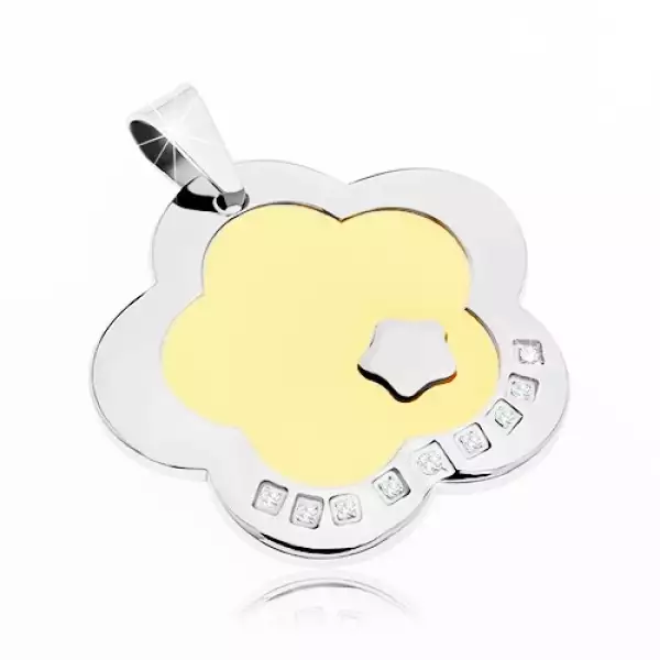 Acél medál, virág arany színű középpel és cirkóniákkal