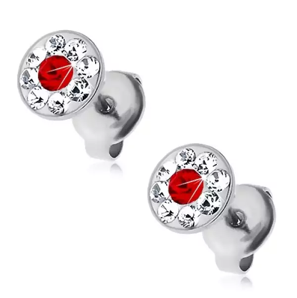 Acél fülbevaló Swarovski kristályokkal díszítve átlátszó és piros színben