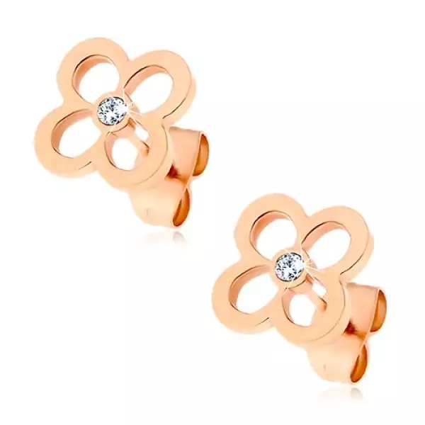 Acél fülbevaló - virág körvonal réz színben cirkóniával a közepén