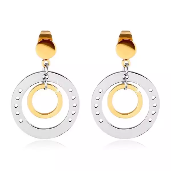 Kétszínű 316L acél fülbevaló, nagy karika lyukakkal és kisebb karikával